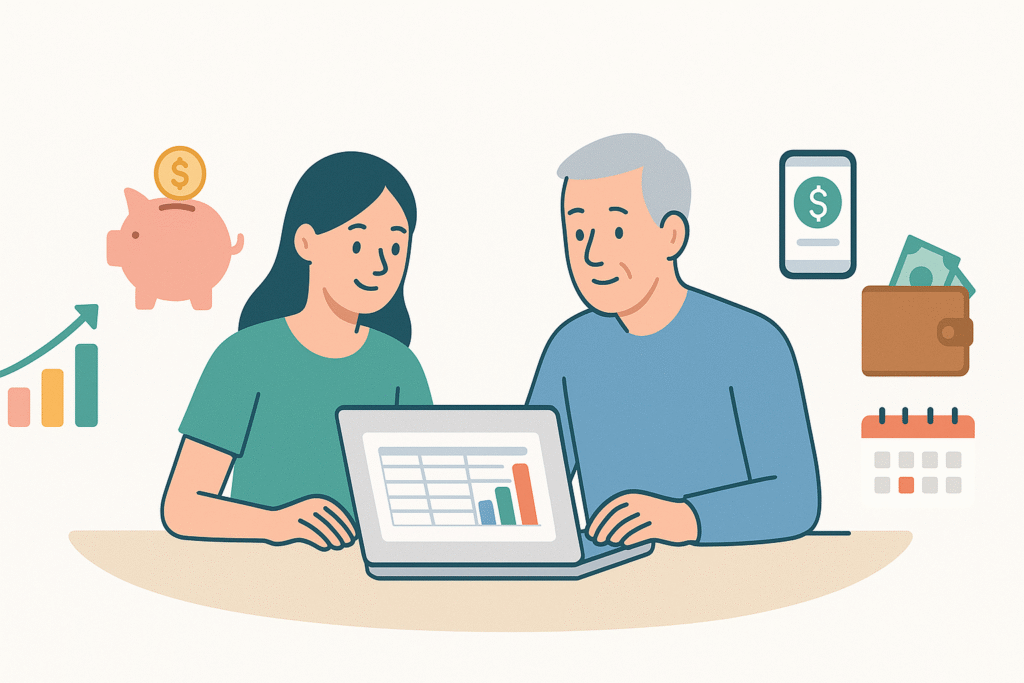 "Couple reviewing a budget on laptop"